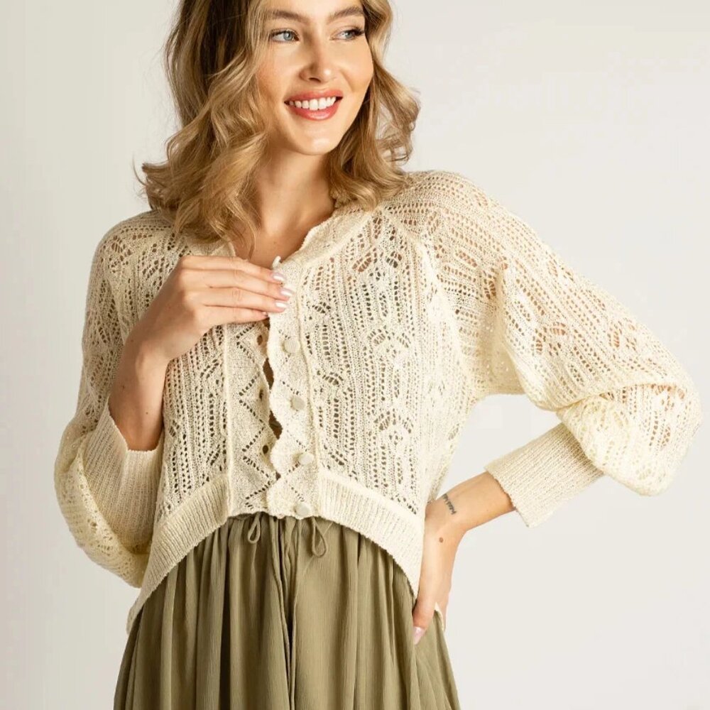 Joyfolie Jelina Button Down High Low Crochet Sweater in Cream NWOT - Size S - Picture 3 of 13